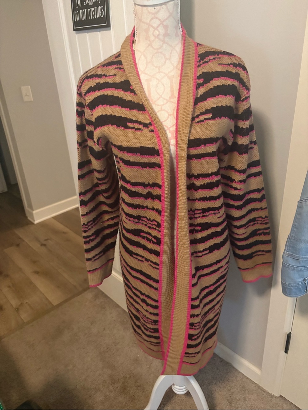Cato Tan, Black & Pink Open-Front Stripe Cardigan